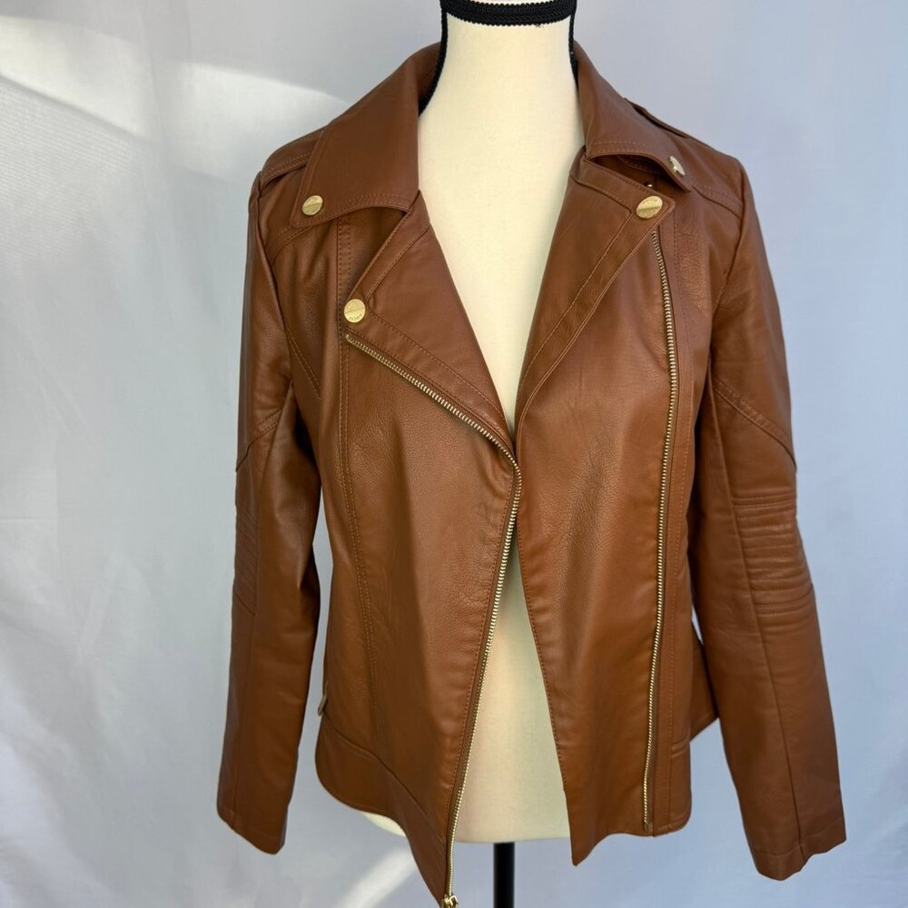 GUESS Cognac Faux Leather Moto Jacket – Size Small